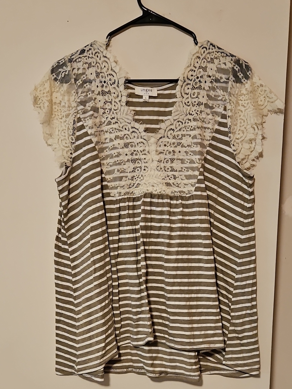 Umgee Olive and Ivory Striped Lace-Trim Tank